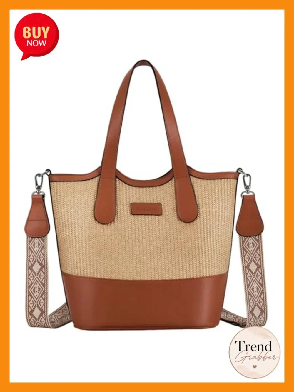 Straw Woven & Vegan Leather Bucket Bag Crossbody Top Handle Tote